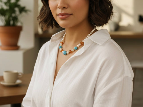 Choker clásico Larimar, Ámbar y Perlas.