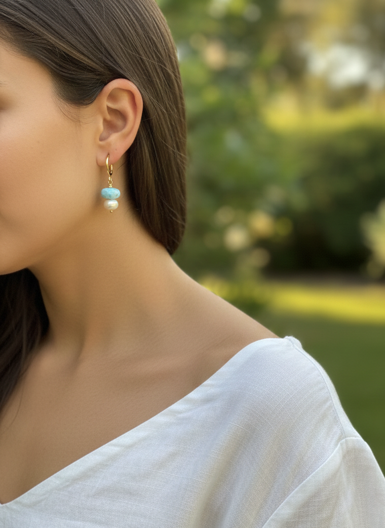 Aretes perla/larimar y perla/ Ámbar.