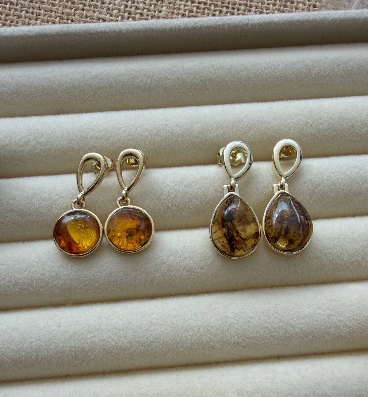 Aretes Ámbar- circular. Ámbar-gota.